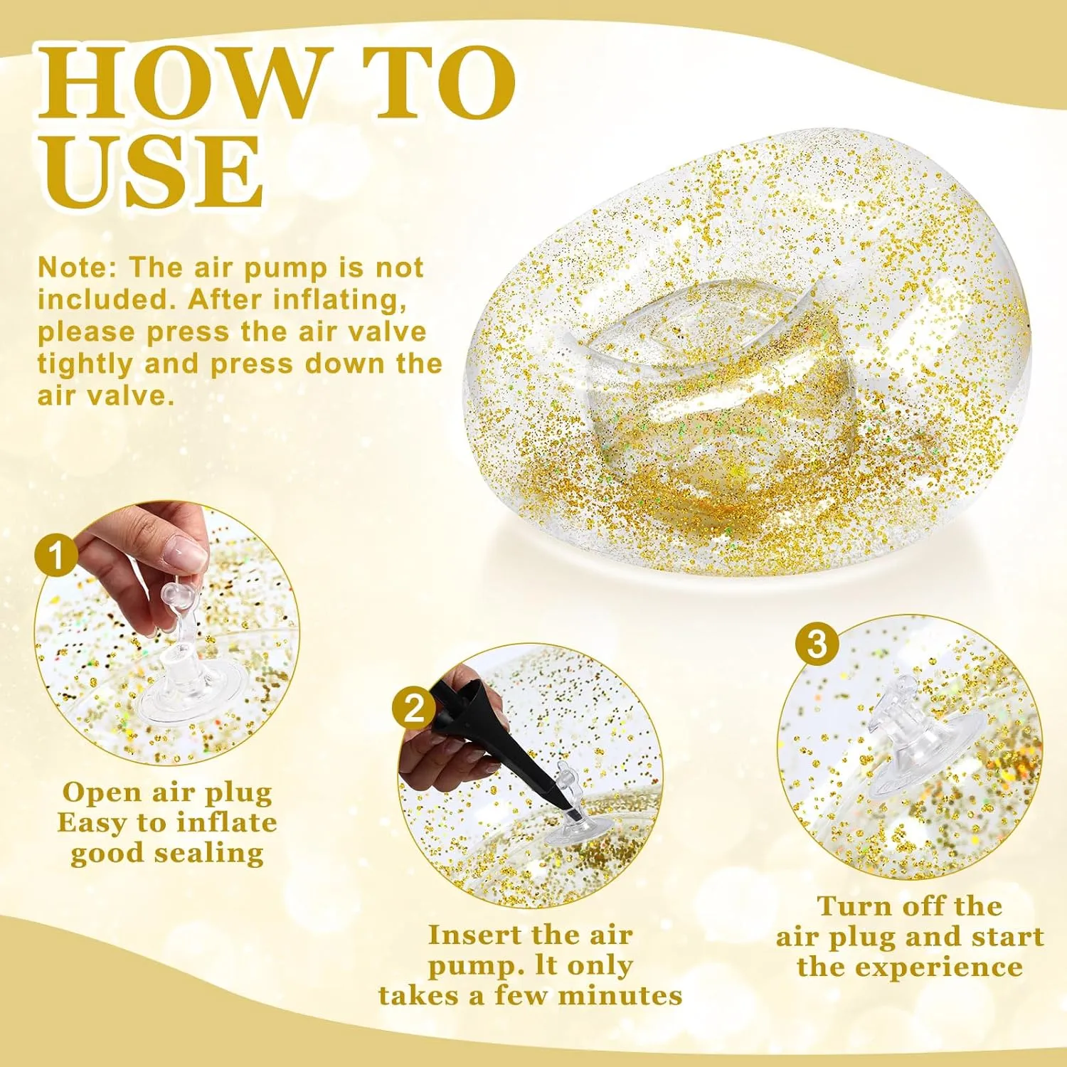 Inflatable Bean Bag Chair for Adult Bean Bag Sofa Chair Blow up Inflatable Furniture for Outdoor Living Room Bedroom Balcony Travel Party Gift Accessories(Gold Glitter,2 Pcs)