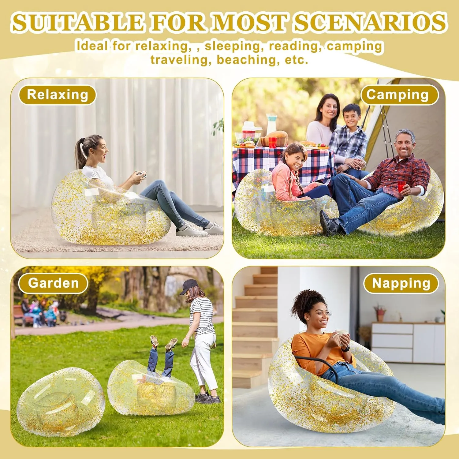 Inflatable Bean Bag Chair for Adult Bean Bag Sofa Chair Blow up Inflatable Furniture for Outdoor Living Room Bedroom Balcony Travel Party Gift Accessories(Gold Glitter,2 Pcs)