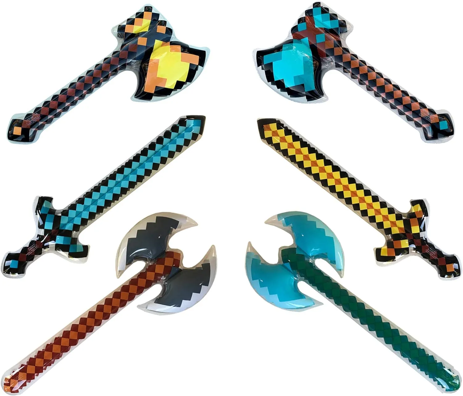 Inflatable Weapons - Diamond Swords, Axes & Hatchet - Mine Pixel Craft - Blow Up Party Favors - Gift Bags - Pool Parties - Costumes - For Boys & Girls - 6 Pack, 2 Each