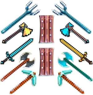 Inflatable Weapons - Pixel Diamond Swords, Pickaxes, Hatchets, Axes, Tridents, and Shields (2 of Each) - Blow up Pixel Party Favors - Gift Bags - Costumes - Pool Parties - 12-Pack
