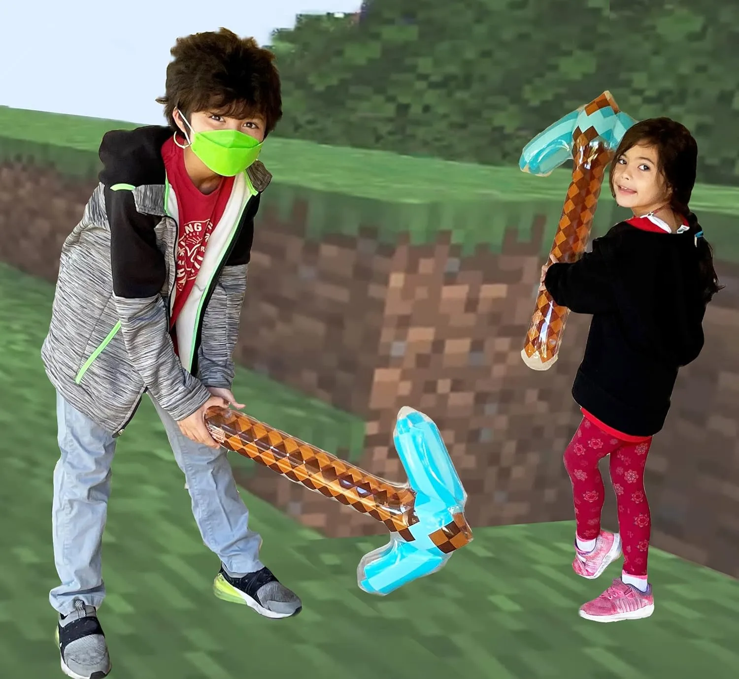 Inflatable Weapons - Pixel Diamond Swords, Pickaxes, Hatchets, Axes, Tridents, and Shields (2 of Each) - Blow up Pixel Party Favors - Gift Bags - Costumes - Pool Parties - 12-Pack