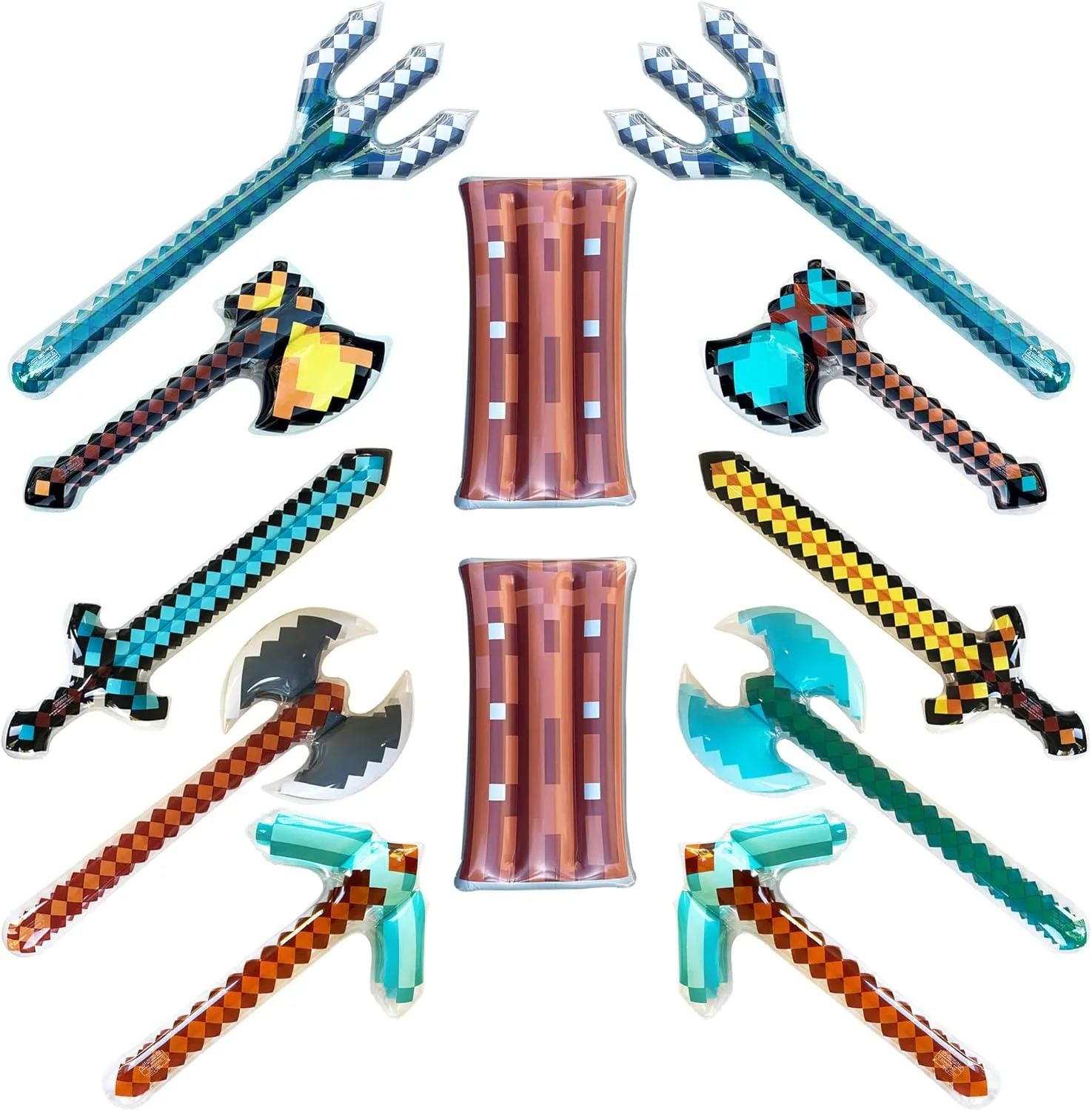 Inflatable Weapons - Pixel Diamond Swords, Pickaxes, Hatchets, Axes, Tridents, and Shields (2 of Each) - Blow up Pixel Party Favors - Gift Bags - Costumes - Pool Parties - 12-Pack
