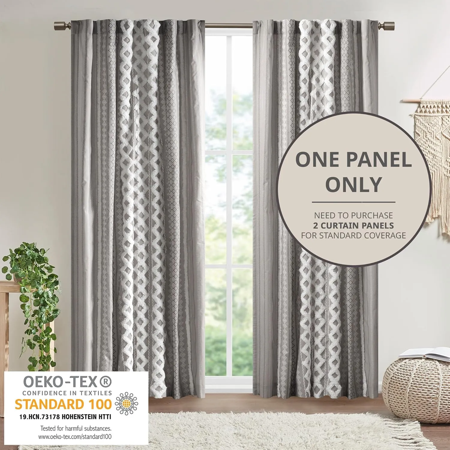 INK IVY Imani 100% Cotton Single Panel Curtain Tufted Chenille Stripe Geometric Print Mid-Century Look Rod Pocket Top Drape for Living Room, Privacy Window Treatment for Bedroom, 50" x 84", Grey