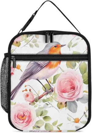 Insulated Lunch Box Portable Leakproof Lunch Bag Reusable Floral Print Watercolor Robin Bird Cooler Bag for Office Work Beach Picnic