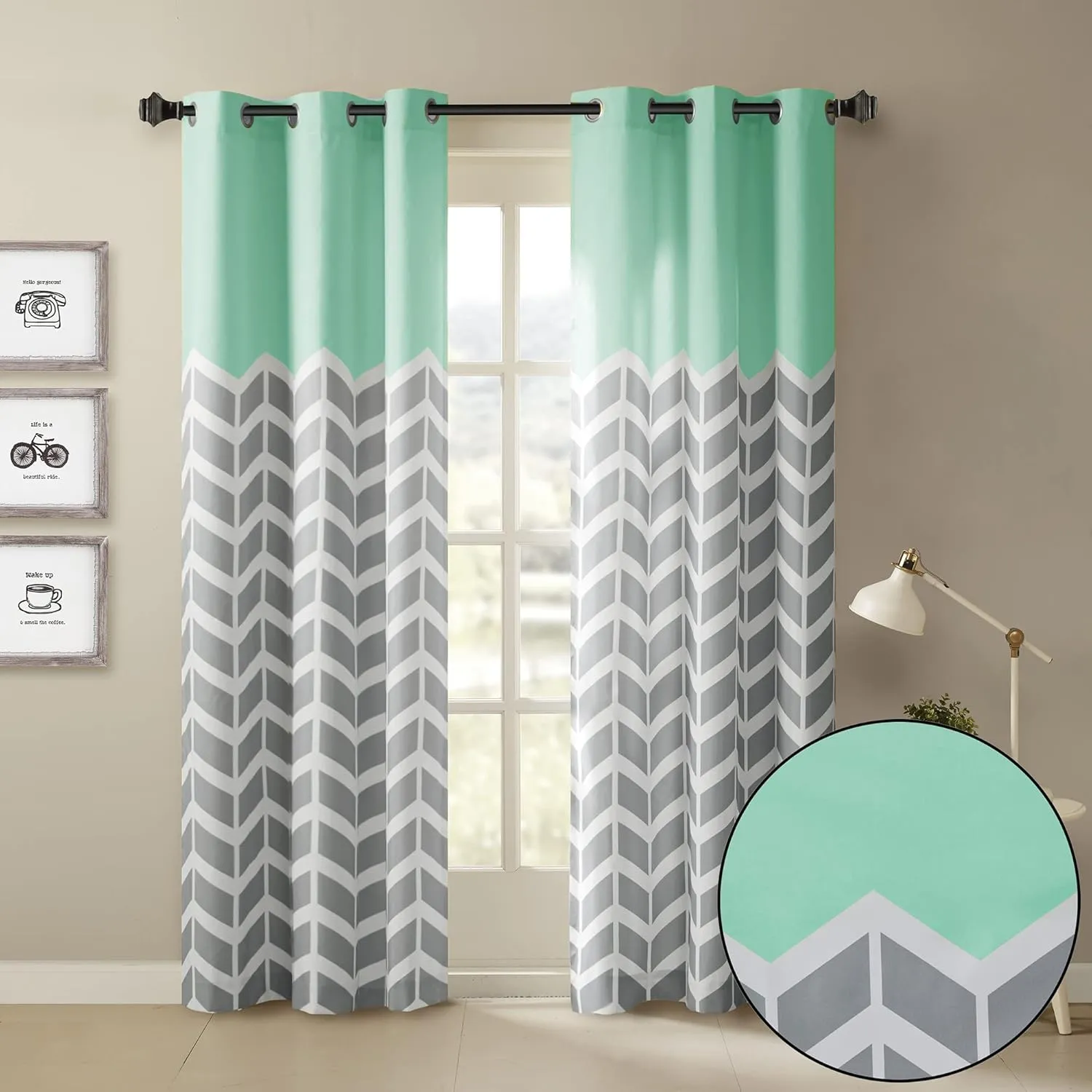 Intelligent Design Alex Chevron Curtains for Living Room, Modern Contemporary Grommet Room Darkening Panels for Bedroom, Geometric Window Panel, 42X63, 2-Panel Pack, 42x63, Aqua