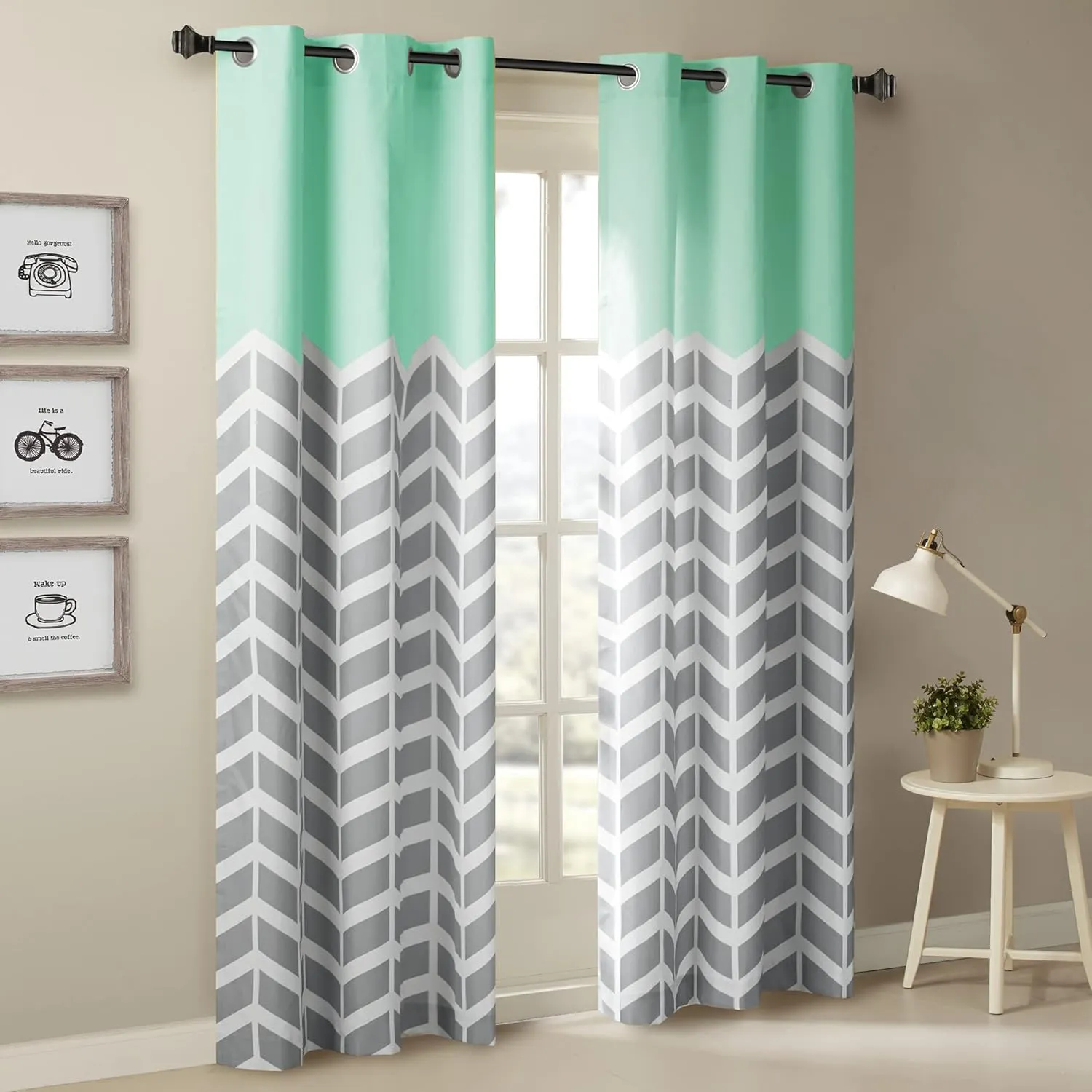 Intelligent Design Alex Chevron Curtains for Living Room, Modern Contemporary Grommet Room Darkening Panels for Bedroom, Geometric Window Panel, 42X63, 2-Panel Pack, 42x63, Aqua