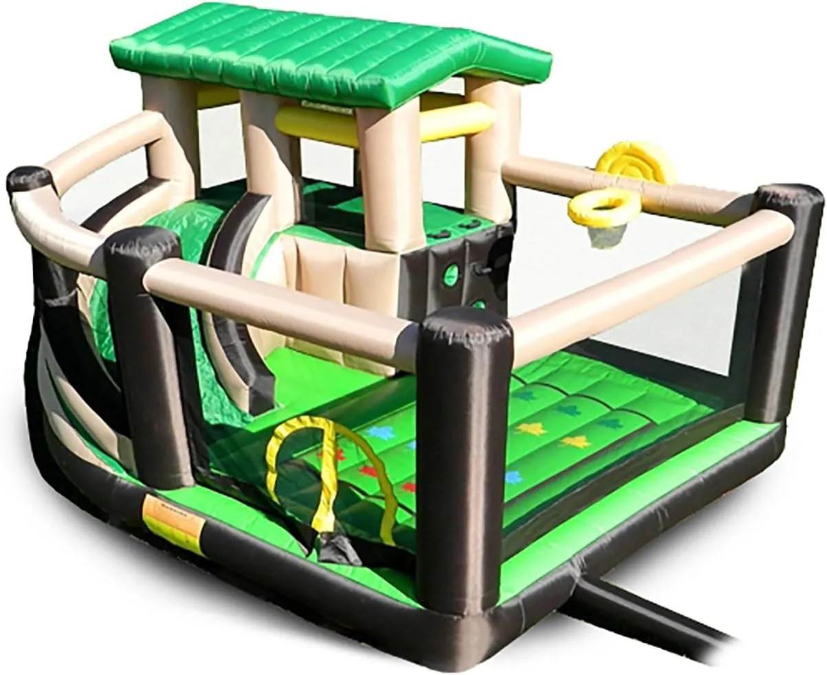 Island Hopper Fort All Sport Recreational Kids Bounce House with Fort Area, Climbing Wall, Basketball, Soccer Shot, Curved Slide & Twist & Tangle Game