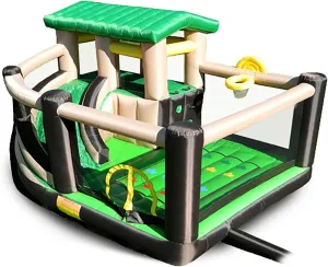 Island Hopper Fort All Sport Recreational Kids Bounce House with Fort Area, Climbing Wall, Basketball, Soccer Shot, Curved Slide & Twist & Tangle Game