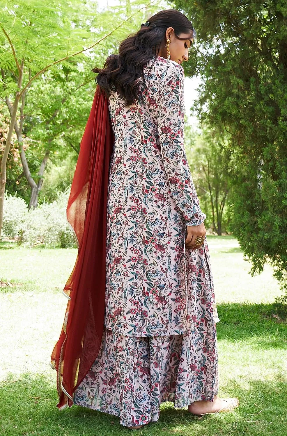 Janasya Indian Women's Flowy Floral Printed Kurta Kurti Top Tunic Festive Wedding Party wear Kurta with Pant and Dupatta