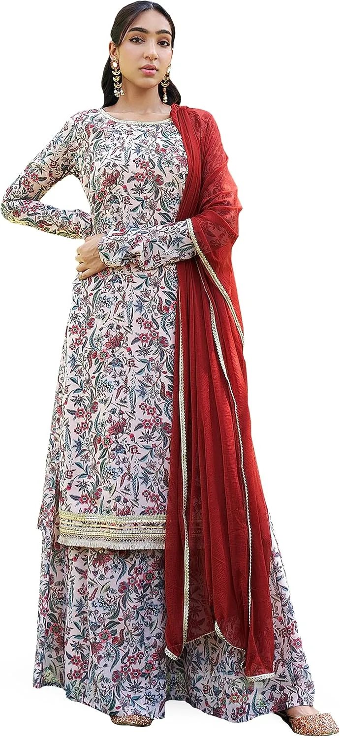 Janasya Indian Women's Flowy Floral Printed Kurta Kurti Top Tunic Festive Wedding Party wear Kurta with Pant and Dupatta
