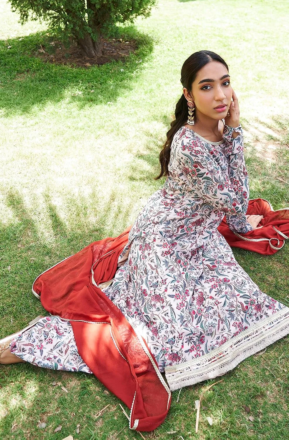 Janasya Indian Women's Flowy Floral Printed Kurta Kurti Top Tunic Festive Wedding Party wear Kurta with Pant and Dupatta