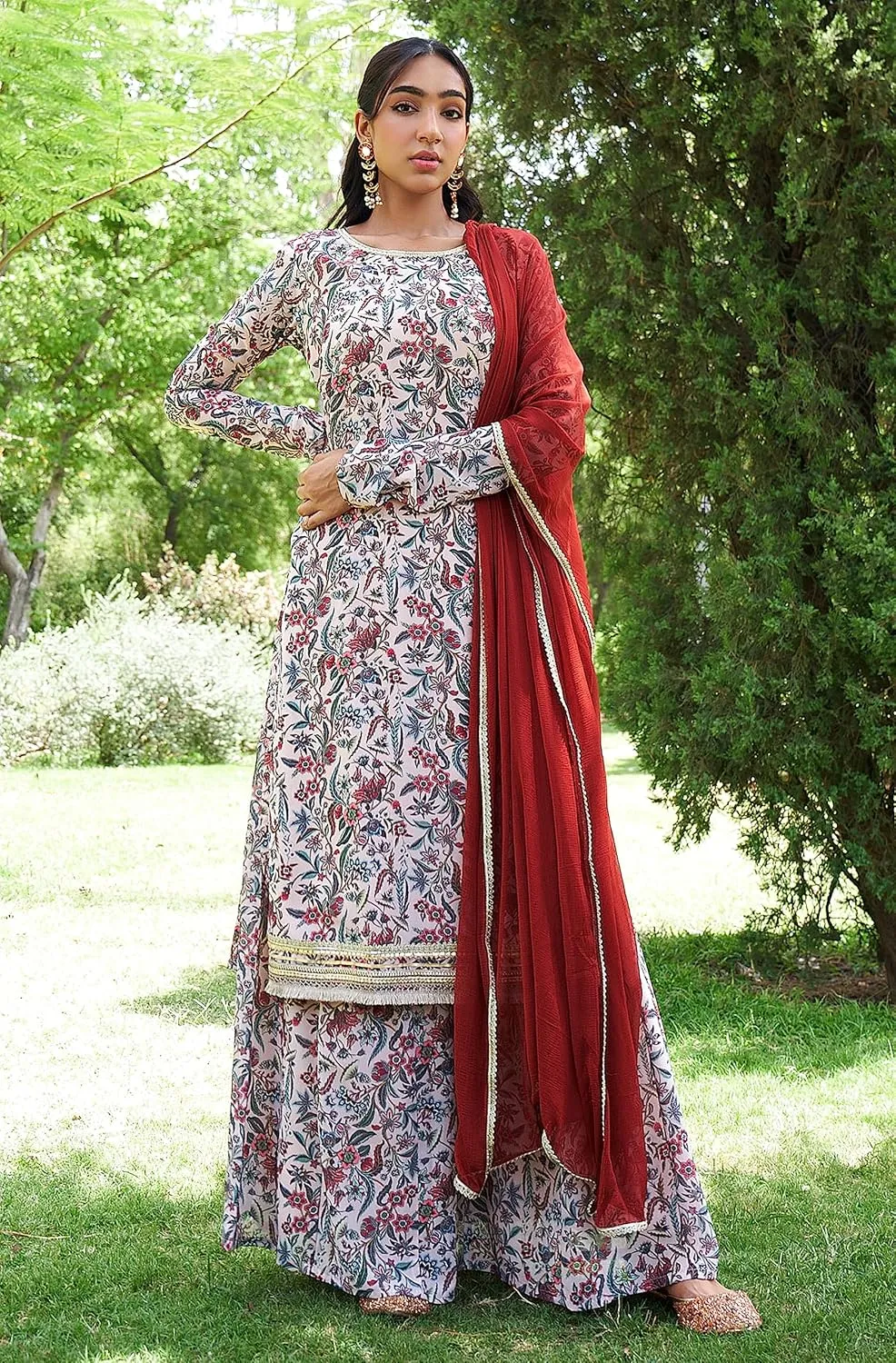 Janasya Indian Women's Flowy Floral Printed Kurta Kurti Top Tunic Festive Wedding Party wear Kurta with Pant and Dupatta