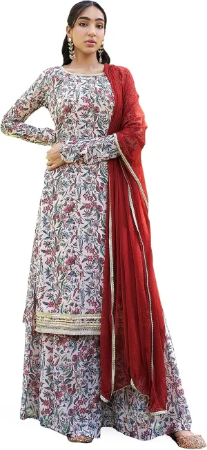 Janasya Indian Women's Flowy Floral Printed Kurta Kurti Top Tunic Festive Wedding Party wear Kurta with Pant and Dupatta