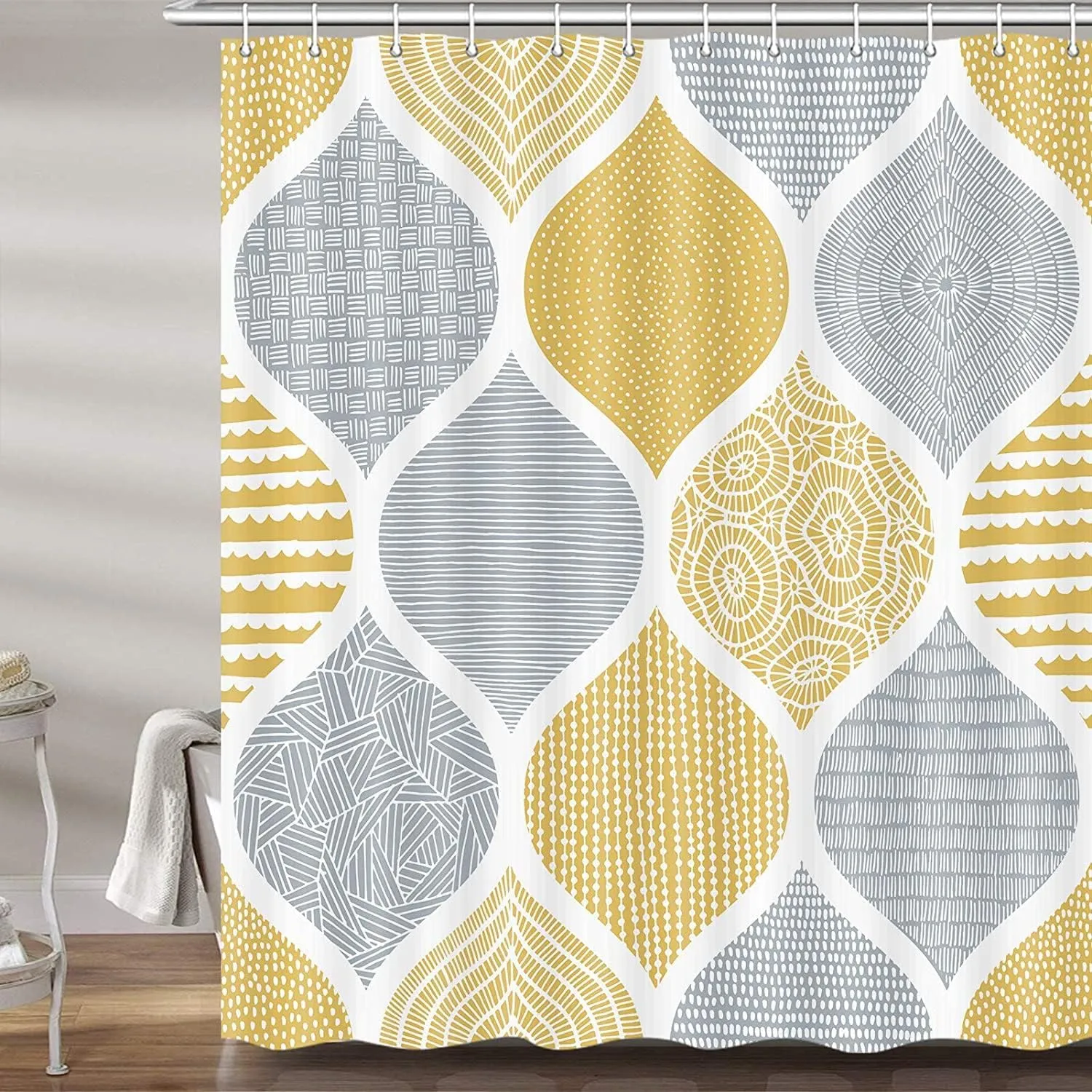 JAWO Bohemia Shower Curtain for Bathroom, Yellow and Grey Bohemian Chic Paisley Fabric Shower Curtains Set, Modern Geometric Pattern Restroom Decor Accessories with Hooks 72X72Inches