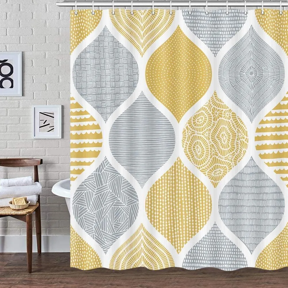 JAWO Bohemia Shower Curtain for Bathroom, Yellow and Grey Bohemian Chic Paisley Fabric Shower Curtains Set, Modern Geometric Pattern Restroom Decor Accessories with Hooks 72X72Inches