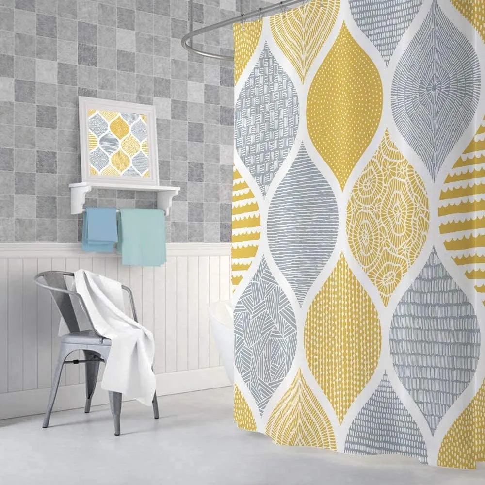 JAWO Bohemia Shower Curtain for Bathroom, Yellow and Grey Bohemian Chic Paisley Fabric Shower Curtains Set, Modern Geometric Pattern Restroom Decor Accessories with Hooks 72X72Inches
