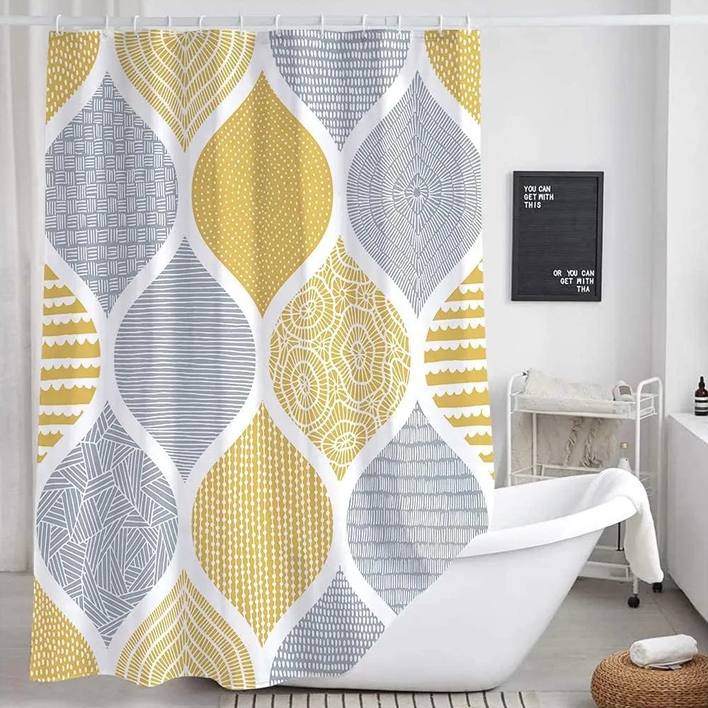 JAWO Bohemia Shower Curtain for Bathroom, Yellow and Grey Bohemian Chic Paisley Fabric Shower Curtains Set, Modern Geometric Pattern Restroom Decor Accessories with Hooks 72X72Inches