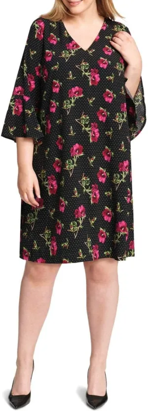 Jessica Howard Women's Plus Size Floral Printed Bell-Sleeve Dress