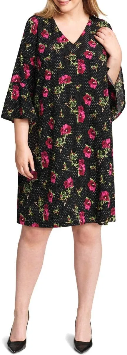Jessica Howard Women's Plus Size Floral Printed Bell-Sleeve Dress
