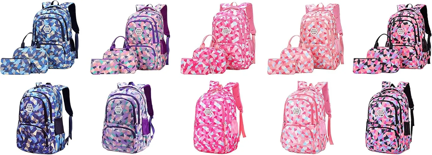 JiaYou Girl Geometric Printed Primary Junior High University School Bag Bookbag 3pcs Backpack Sets(2# Blue-3pcs,35 L)