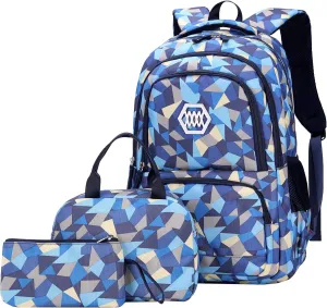 JiaYou Girl Geometric Printed Primary Junior High University School Bag Bookbag 3pcs Backpack Sets(2# Blue-3pcs,35 L)