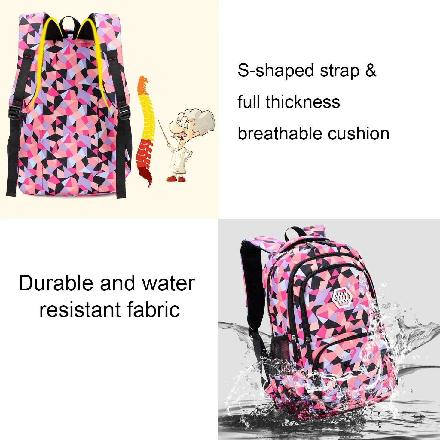 JiaYou Girl Geometric Printed Primary Junior High University School Bag Bookbag 3pcs Backpack Sets(2# Blue-3pcs,35 L)
