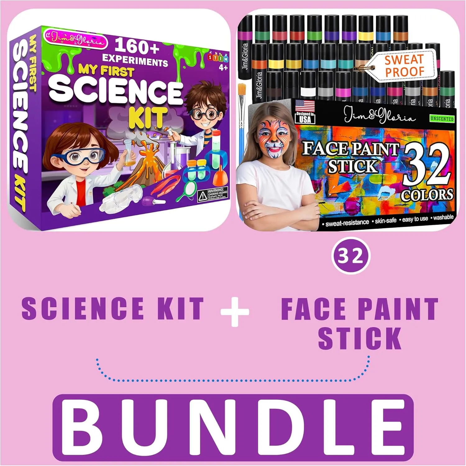 Jim&Gloria Science Kit Learning Educational Stem Experiments Plus Face Painting Kit for Kids 32 Colors Metallic Neon Classic Makeup Brush Skin Safe Washable