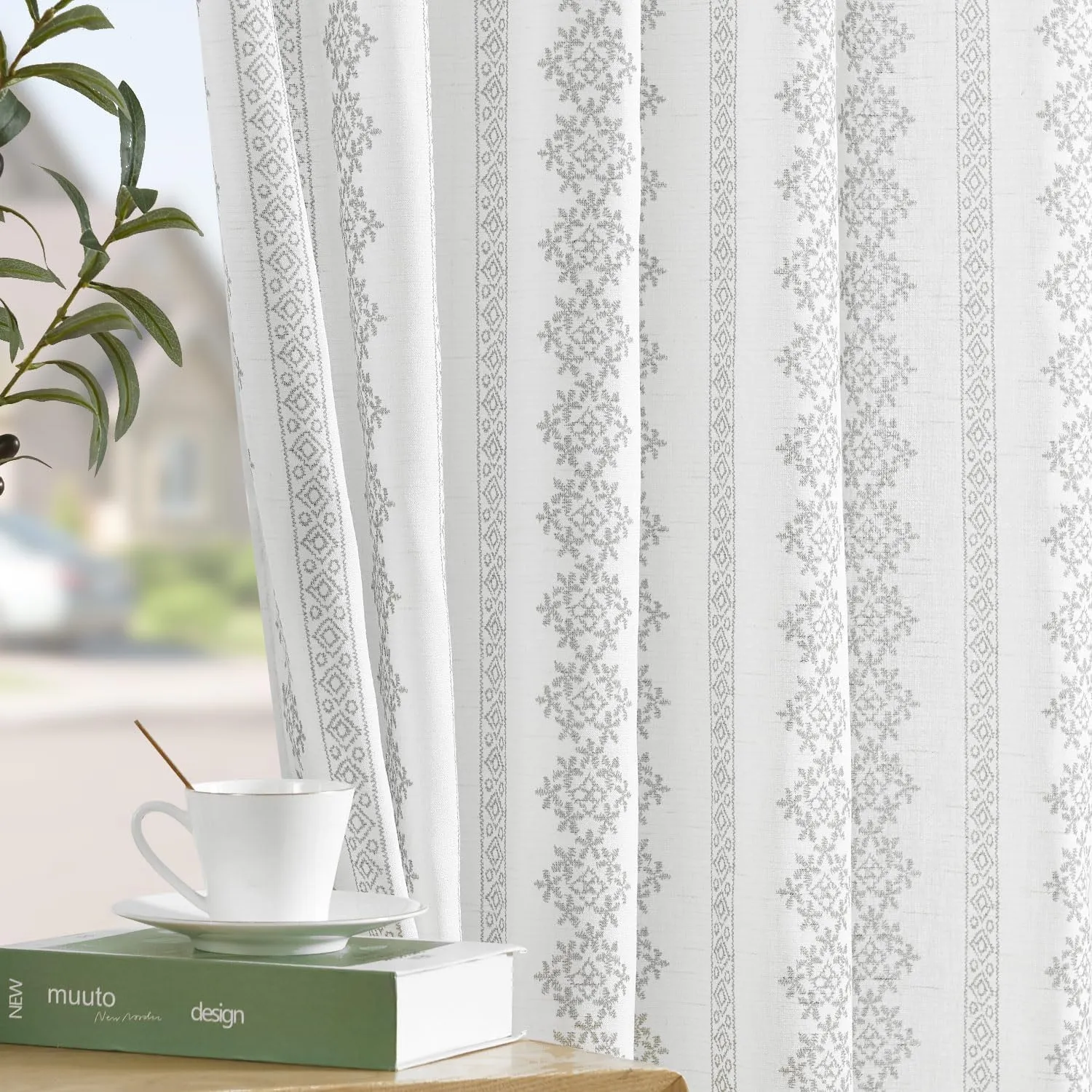 jinchan Boho Linen Blend Curtains 63 Inch Length Country Farmhouse Living Room Window Treatments Grey on White Print Rod Pocket Back Tab Geometric Light Filtering Drapes 2 Panels