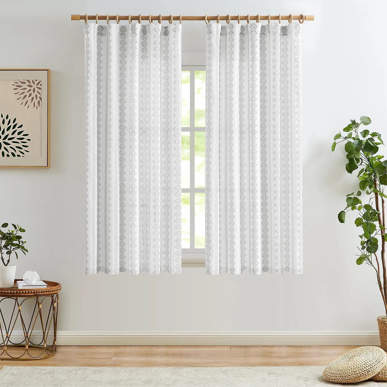jinchan Boho Linen Blend Curtains 63 Inch Length Country Farmhouse Living Room Window Treatments Grey on White Print Rod Pocket Back Tab Geometric Light Filtering Drapes 2 Panels