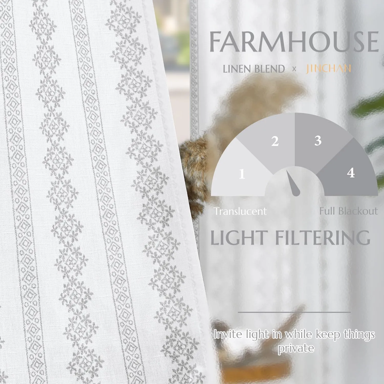 jinchan Boho Linen Blend Curtains 63 Inch Length Country Farmhouse Living Room Window Treatments Grey on White Print Rod Pocket Back Tab Geometric Light Filtering Drapes 2 Panels
