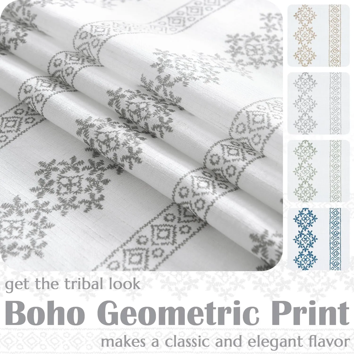jinchan Boho Linen Blend Curtains 63 Inch Length Country Farmhouse Living Room Window Treatments Grey on White Print Rod Pocket Back Tab Geometric Light Filtering Drapes 2 Panels