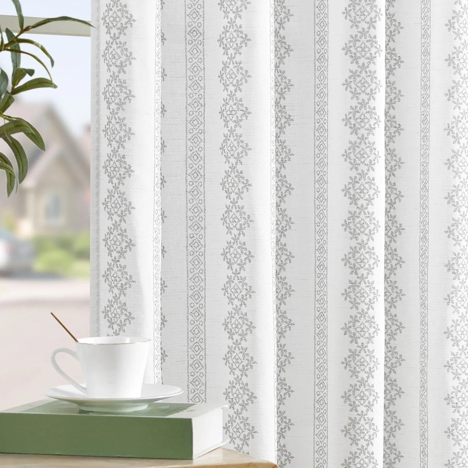 jinchan Boho Linen Blend Curtains 63 Inch Length Country Farmhouse Living Room Window Treatments Grey on White Print Rod Pocket Back Tab Geometric Light Filtering Drapes 2 Panels