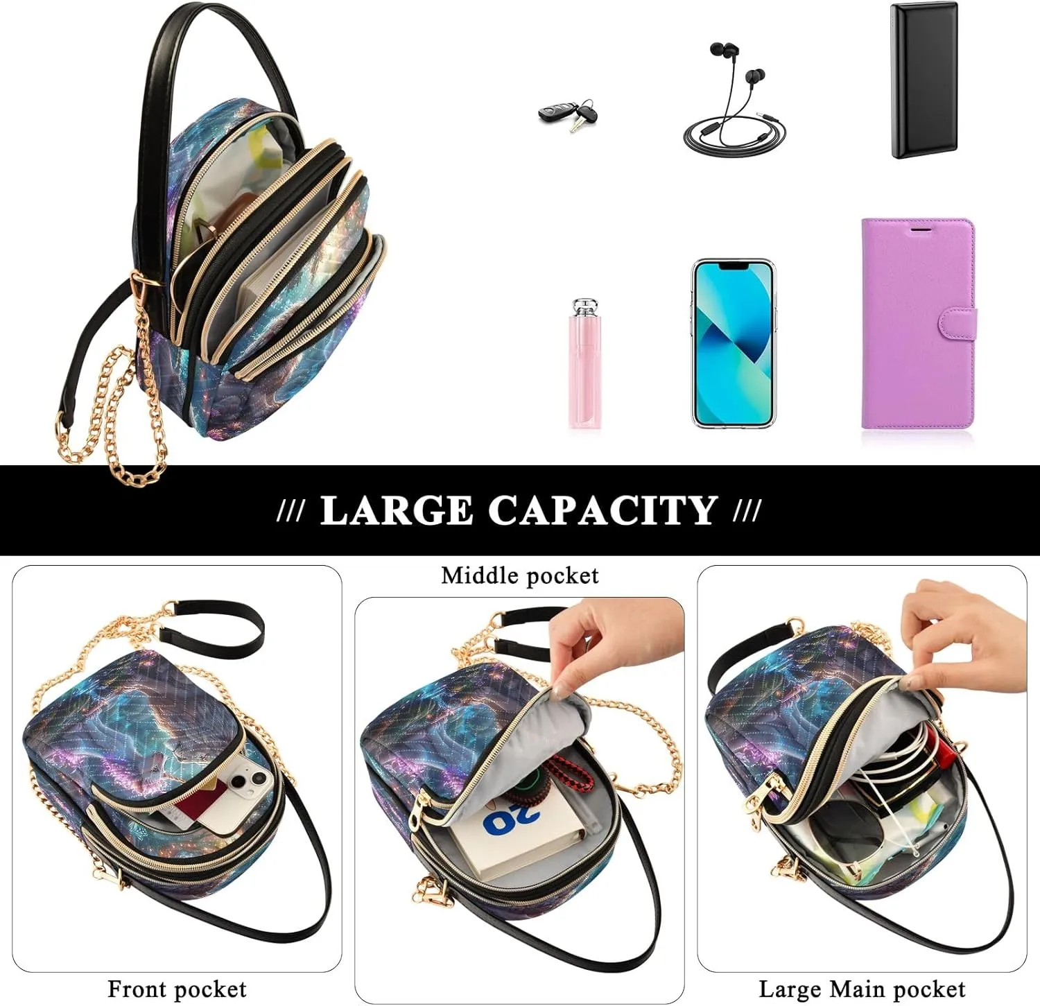 Joisal Rainbow Colored Tree Women Crossbody Bags Triple Zip Women's Shoulder Bag, Womans Purses