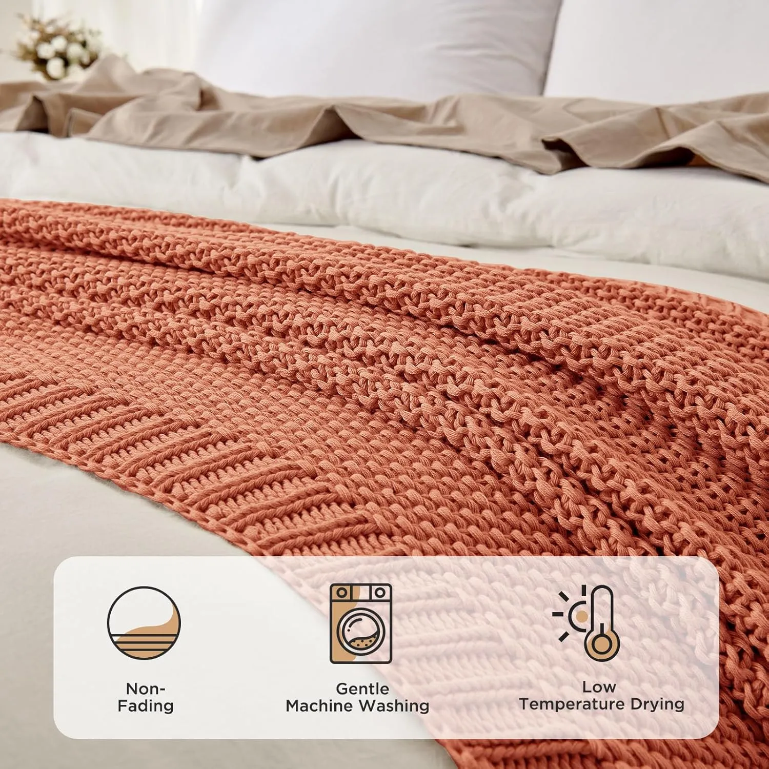 Joydeco Chunky Cable Knit Throw Blanket, Lightweight 100% Cotton Soft Cozy Throw Twin Blanket for Couch Bed and Sofa, Rustic Breathable Farmhouse Blanket Gift for Women Men(Burnt Orange, 51"x63")
