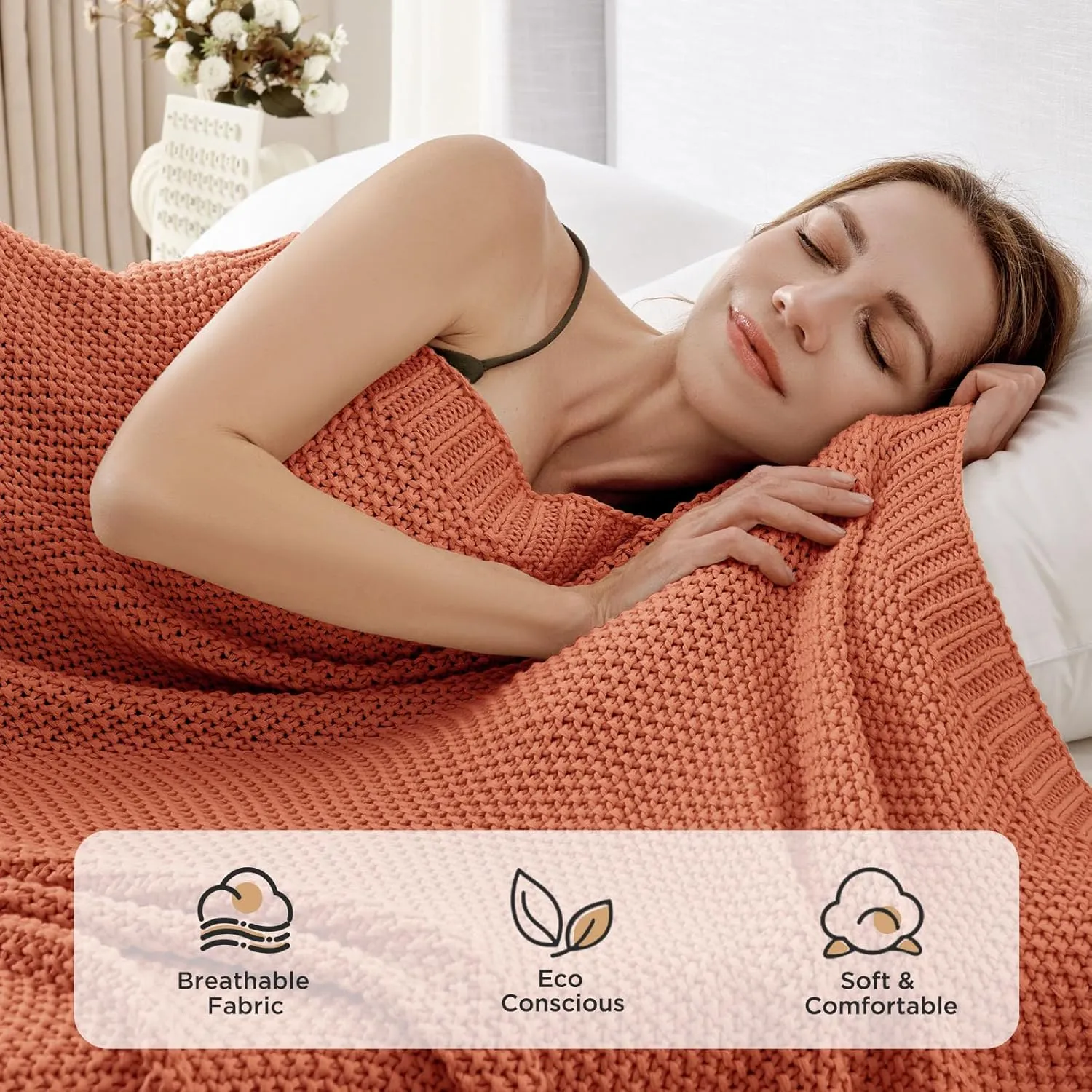 Joydeco Chunky Cable Knit Throw Blanket, Lightweight 100% Cotton Soft Cozy Throw Twin Blanket for Couch Bed and Sofa, Rustic Breathable Farmhouse Blanket Gift for Women Men(Burnt Orange, 51"x63")