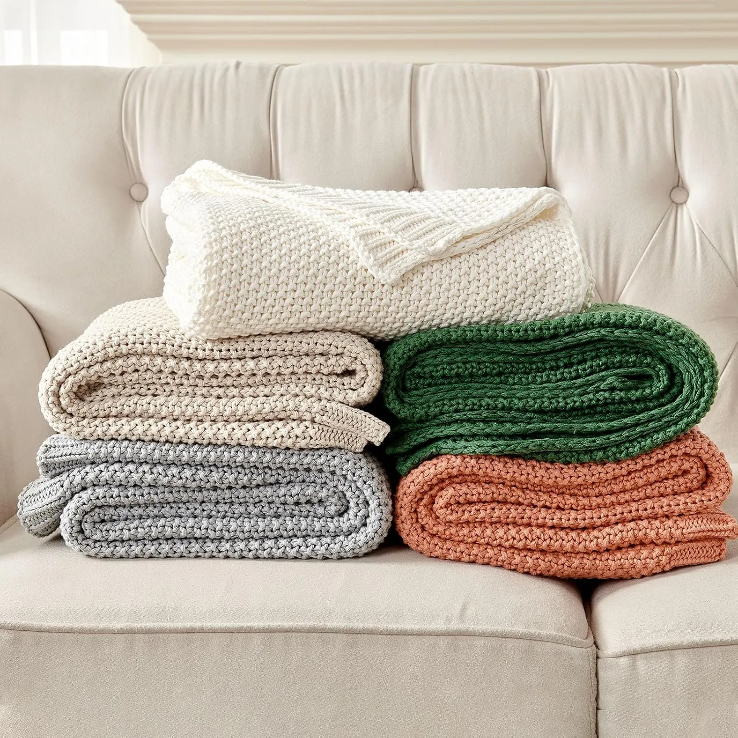 Joydeco Chunky Cable Knit Throw Blanket, Lightweight 100% Cotton Soft Cozy Throw Twin Blanket for Couch Bed and Sofa, Rustic Breathable Farmhouse Blanket Gift for Women Men(Burnt Orange, 51"x63")