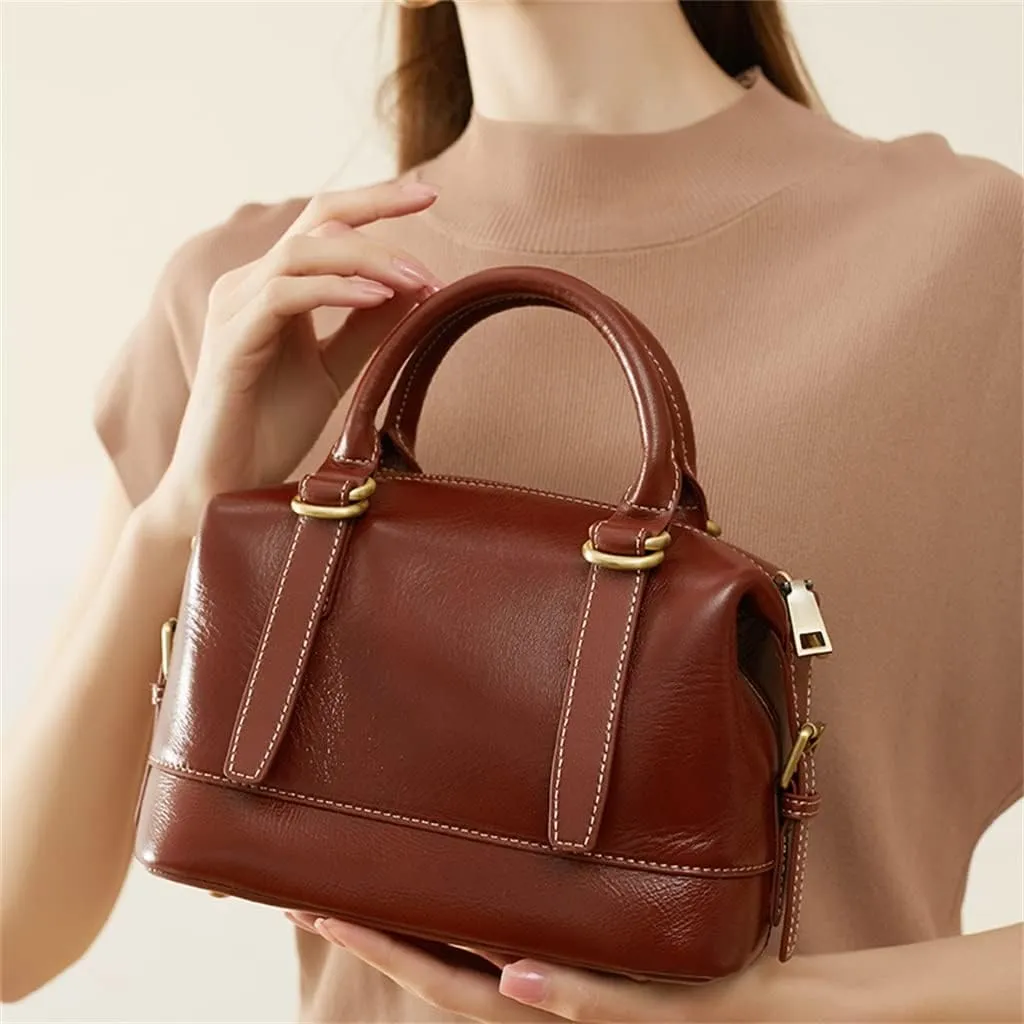 JSEIAJB Leather Boston Pillow Bag Tote Women's Bag Crossbody Bag Retro Commuting Single Shoulder Bag