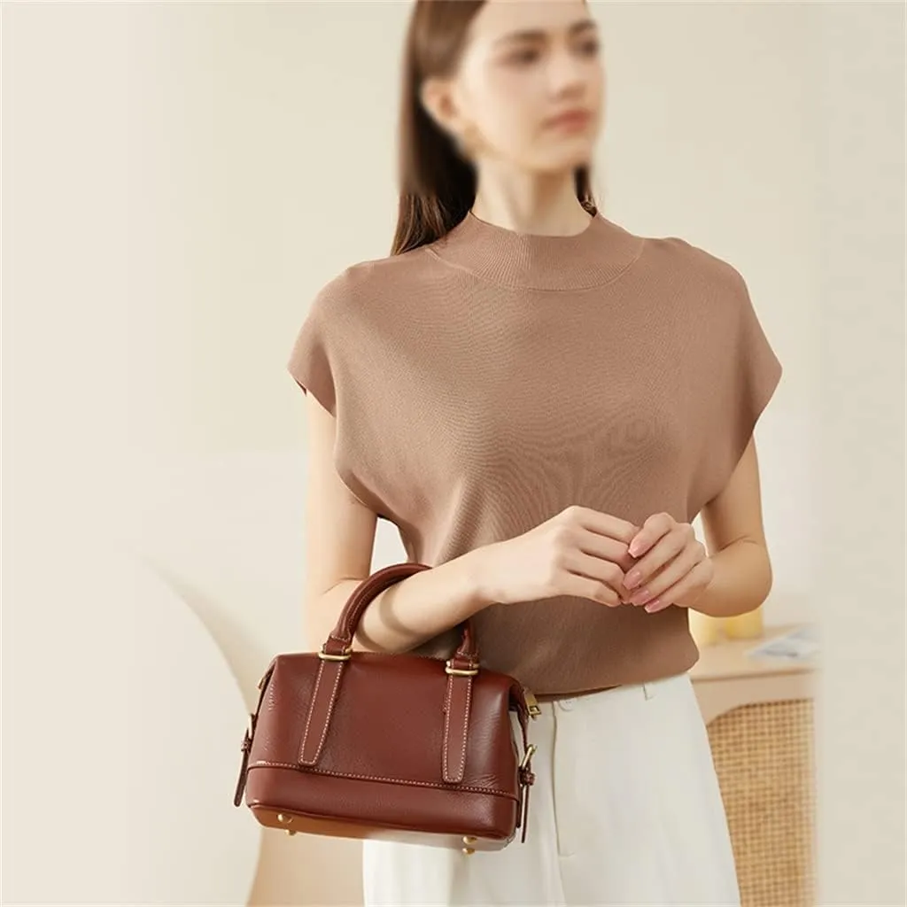 JSEIAJB Leather Boston Pillow Bag Tote Women's Bag Crossbody Bag Retro Commuting Single Shoulder Bag