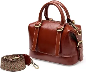 JSEIAJB Leather Boston Pillow Bag Tote Women's Bag Crossbody Bag Retro Commuting Single Shoulder Bag