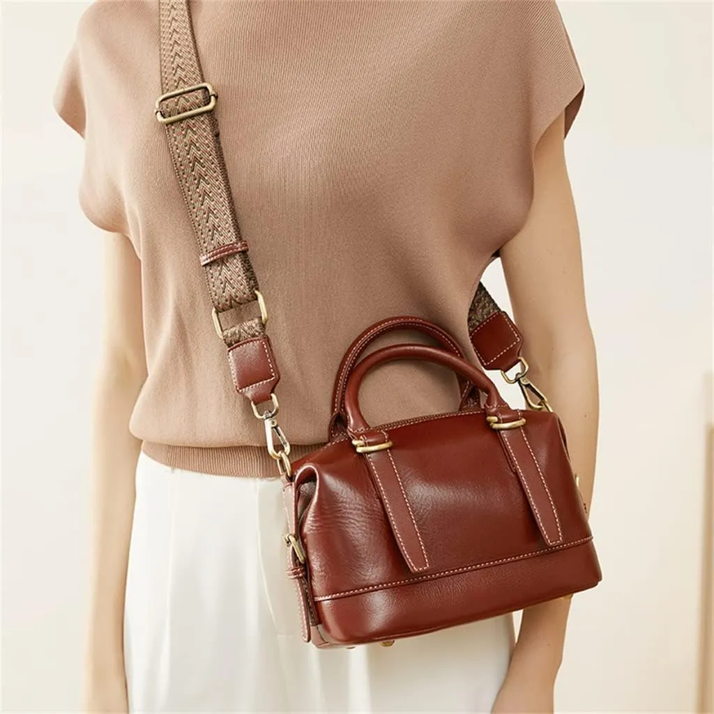 JSEIAJB Leather Boston Pillow Bag Tote Women's Bag Crossbody Bag Retro Commuting Single Shoulder Bag