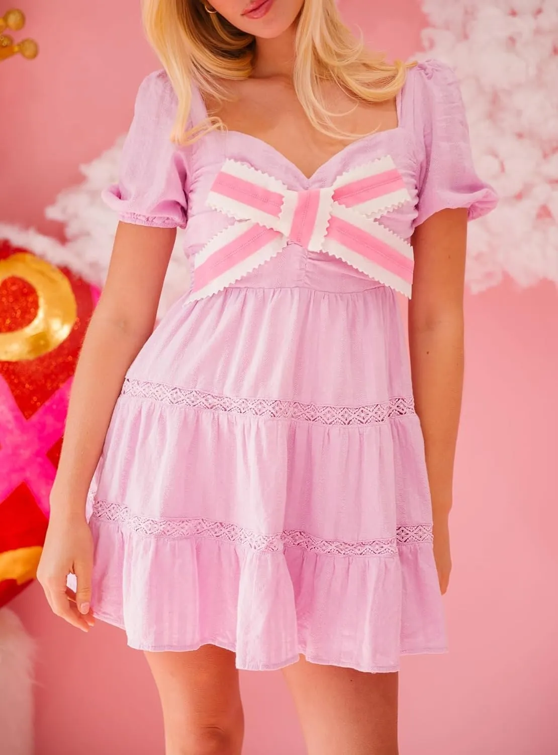 Juakoso Women Short Puff Sleeve Babydoll Dress Cute Print Bow Tie A-line Ruffle Mini Dress Casual Pleated Going Out Dress