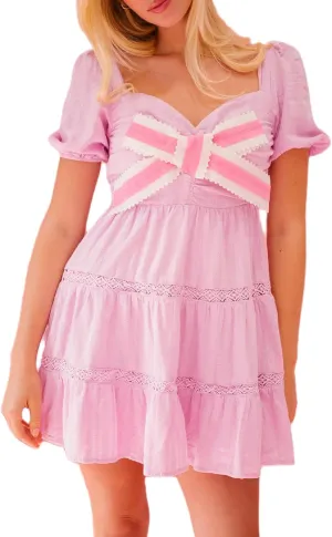 Juakoso Women Short Puff Sleeve Babydoll Dress Cute Print Bow Tie A-line Ruffle Mini Dress Casual Pleated Going Out Dress