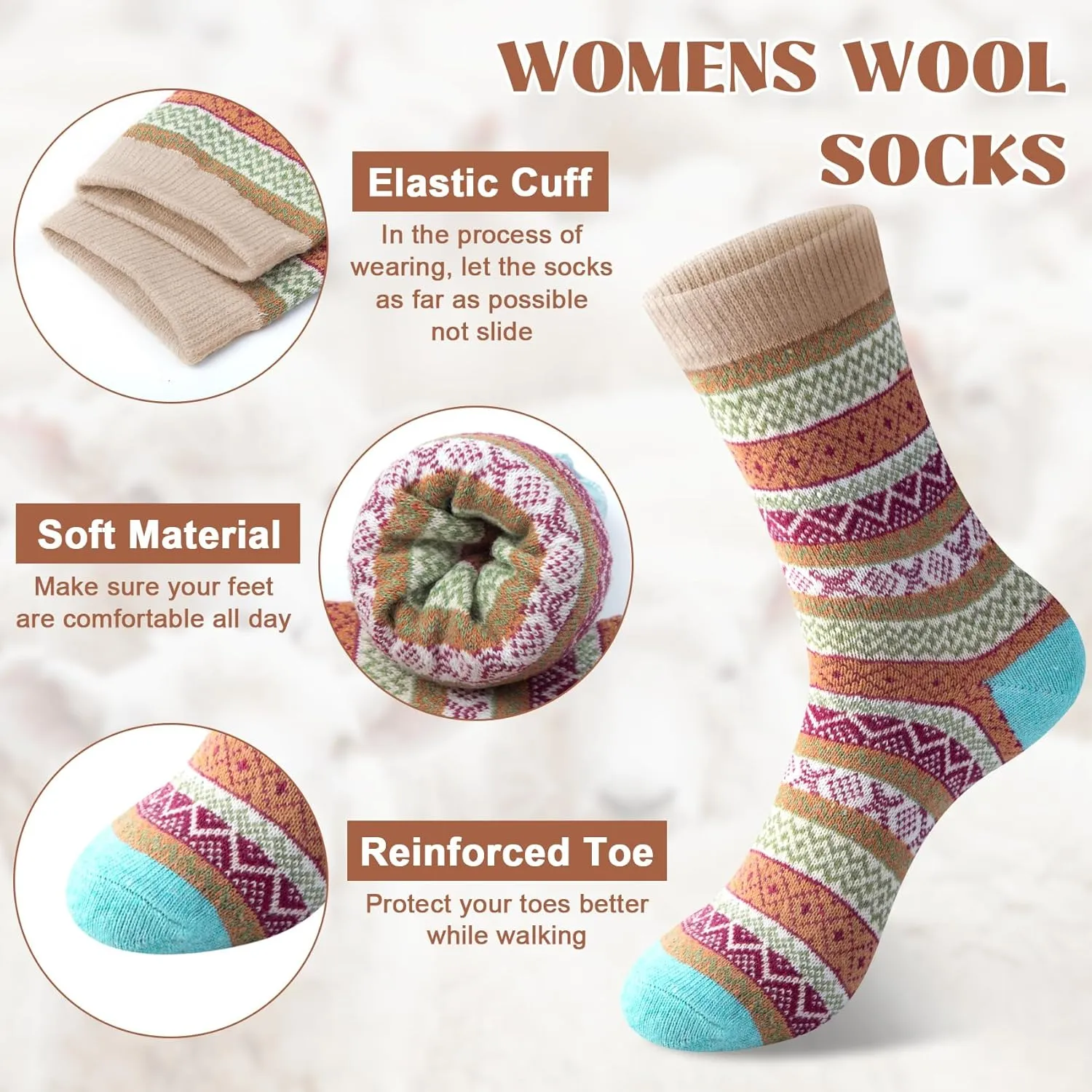 Justay 5 Pairs Wool Socks for Women - Winter Thick Boot Cozy Crew Vintage Soft Calf Knit Warm Socks Gifts