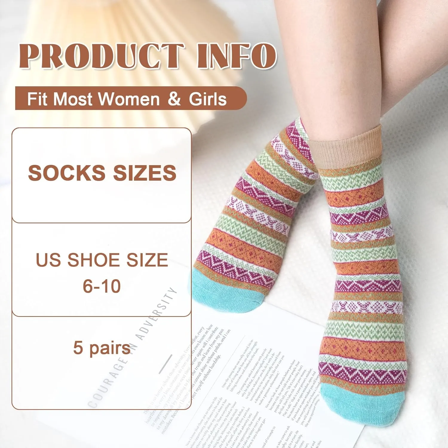 Justay 5 Pairs Wool Socks for Women - Winter Thick Boot Cozy Crew Vintage Soft Calf Knit Warm Socks Gifts