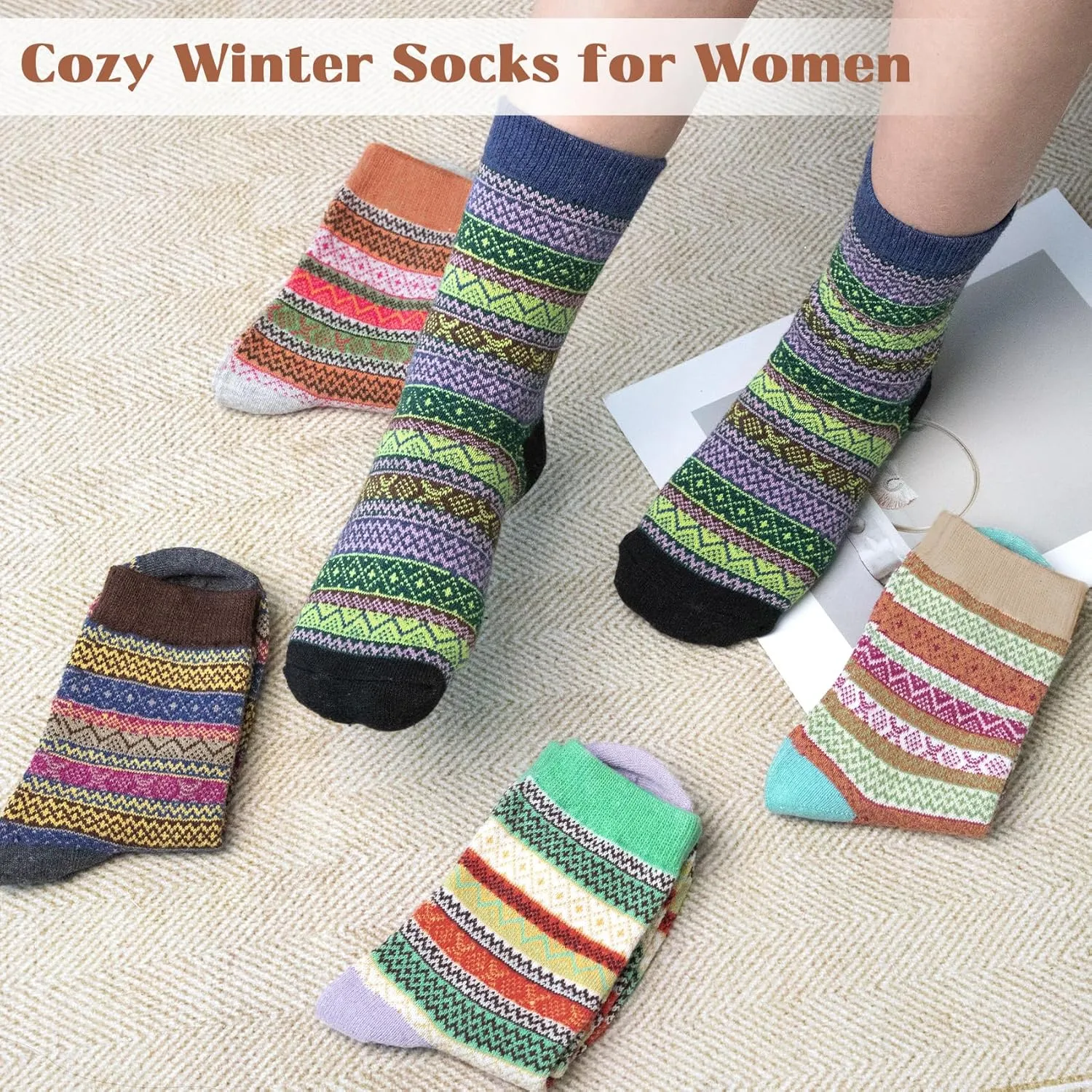 Justay 5 Pairs Wool Socks for Women - Winter Thick Boot Cozy Crew Vintage Soft Calf Knit Warm Socks Gifts