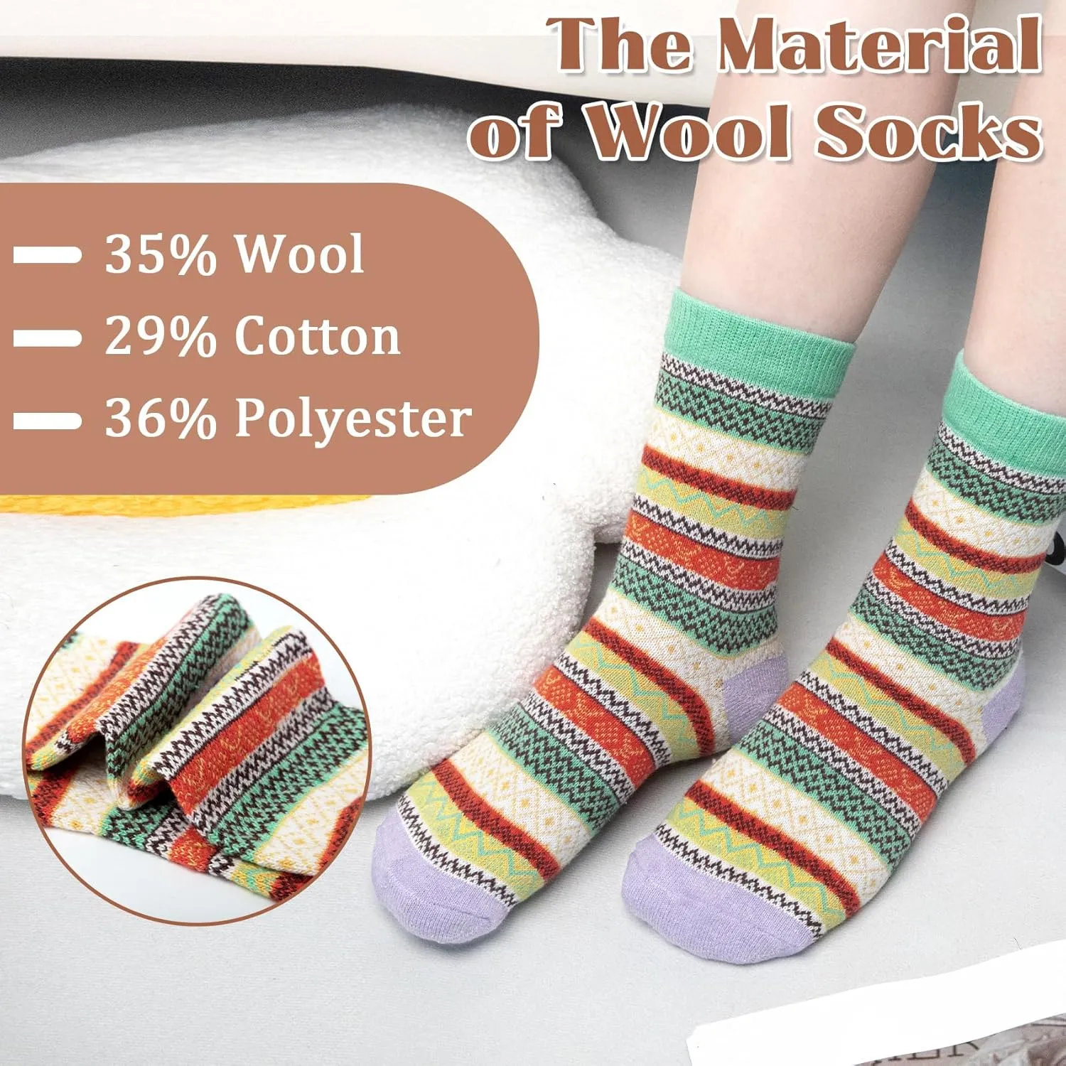 Justay 5 Pairs Wool Socks for Women - Winter Thick Boot Cozy Crew Vintage Soft Calf Knit Warm Socks Gifts
