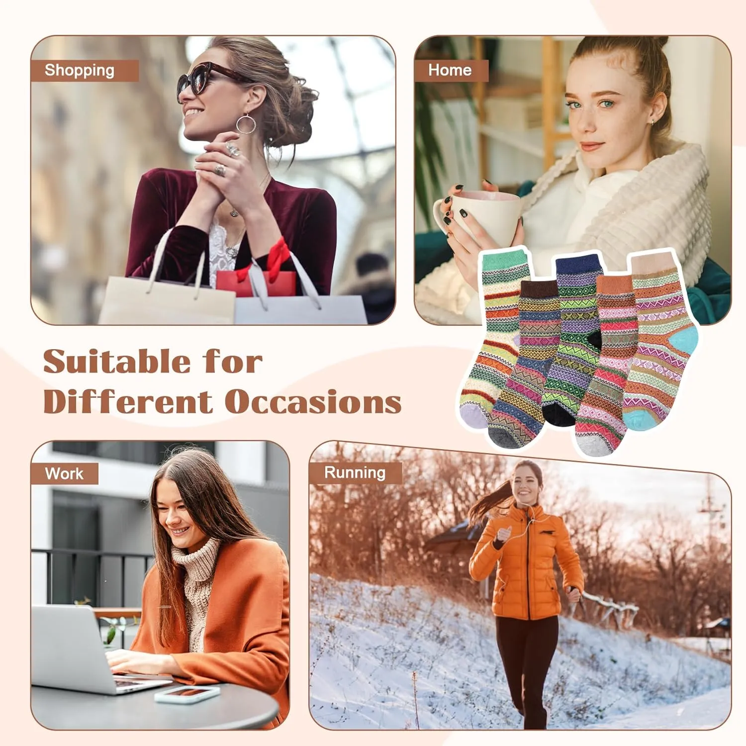 Justay 5 Pairs Wool Socks for Women - Winter Thick Boot Cozy Crew Vintage Soft Calf Knit Warm Socks Gifts