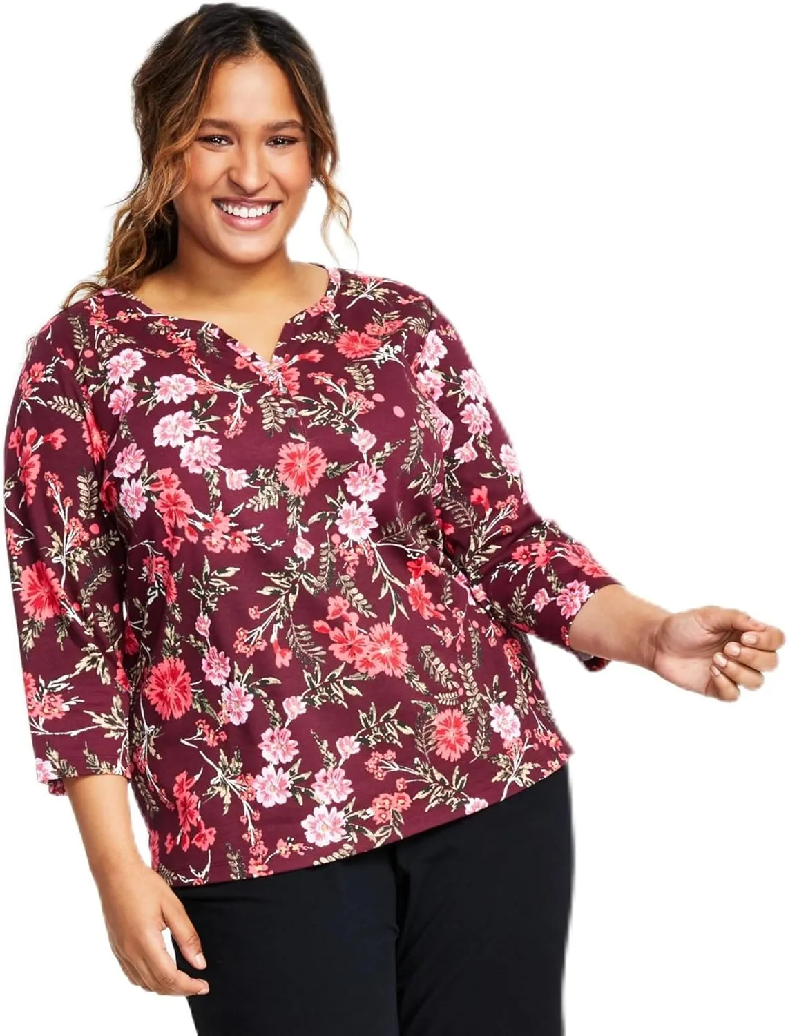 Karen S Plus Size Floral Print Top Malbec 1X