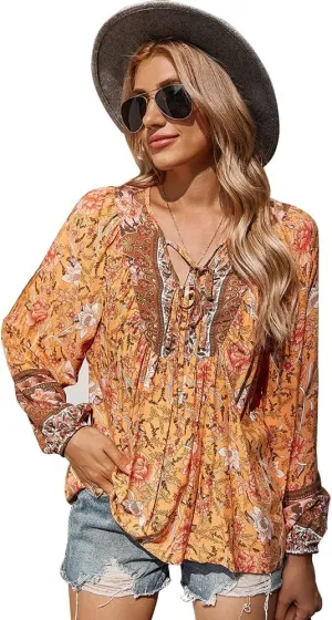 KAYWIDE Women's Casual Boho V Neck Top Loose Floral Printed Long Sleeve Beach Shirts Blouses