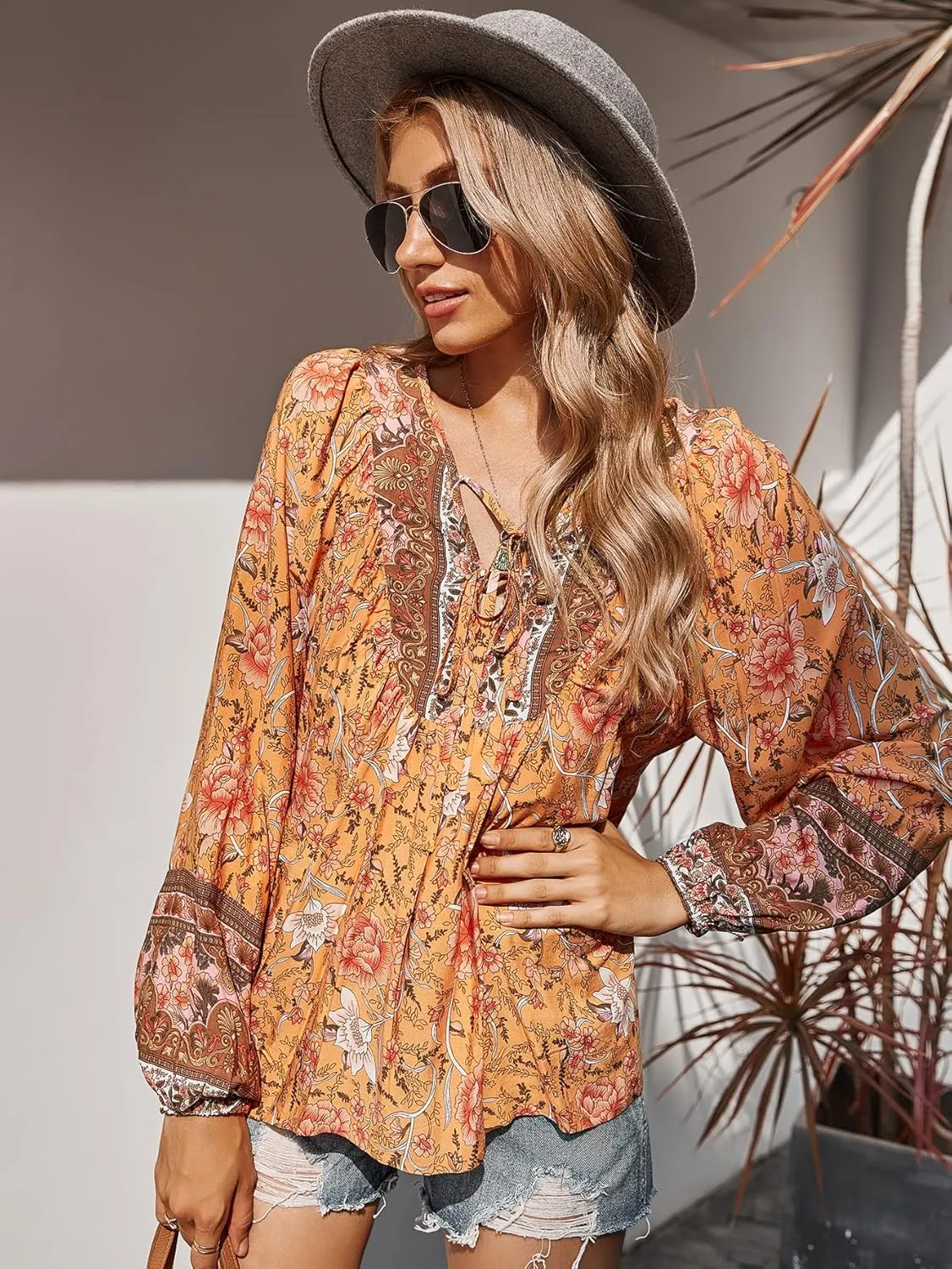 KAYWIDE Women's Casual Boho V Neck Top Loose Floral Printed Long Sleeve Beach Shirts Blouses